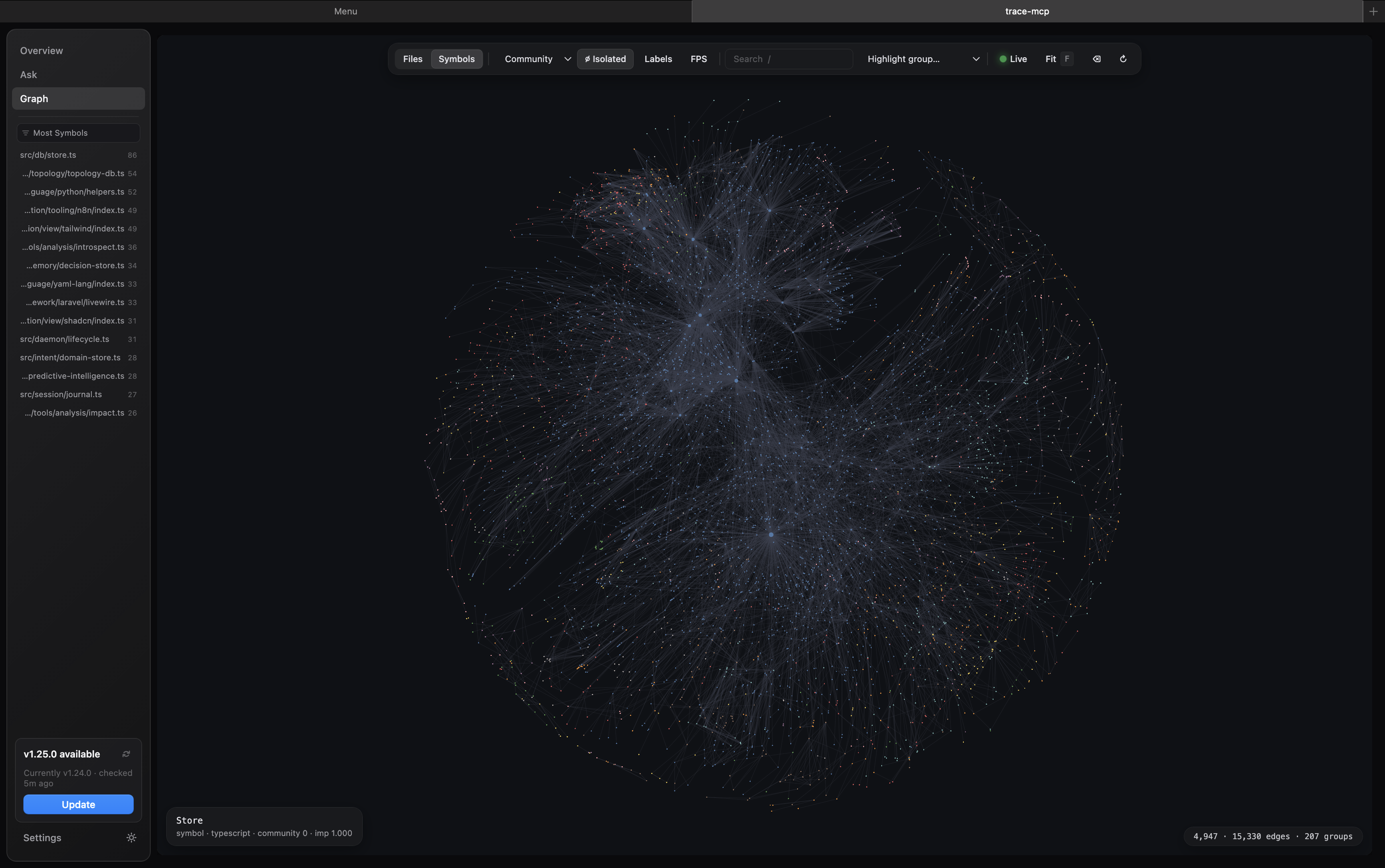 trace-mcp graph explorer visualizing symbol connections, dark theme
