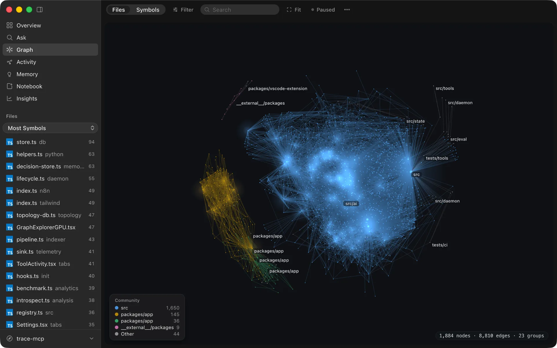 trace-mcp app — GPU graph explorer visualizing symbol connections, dark appearance