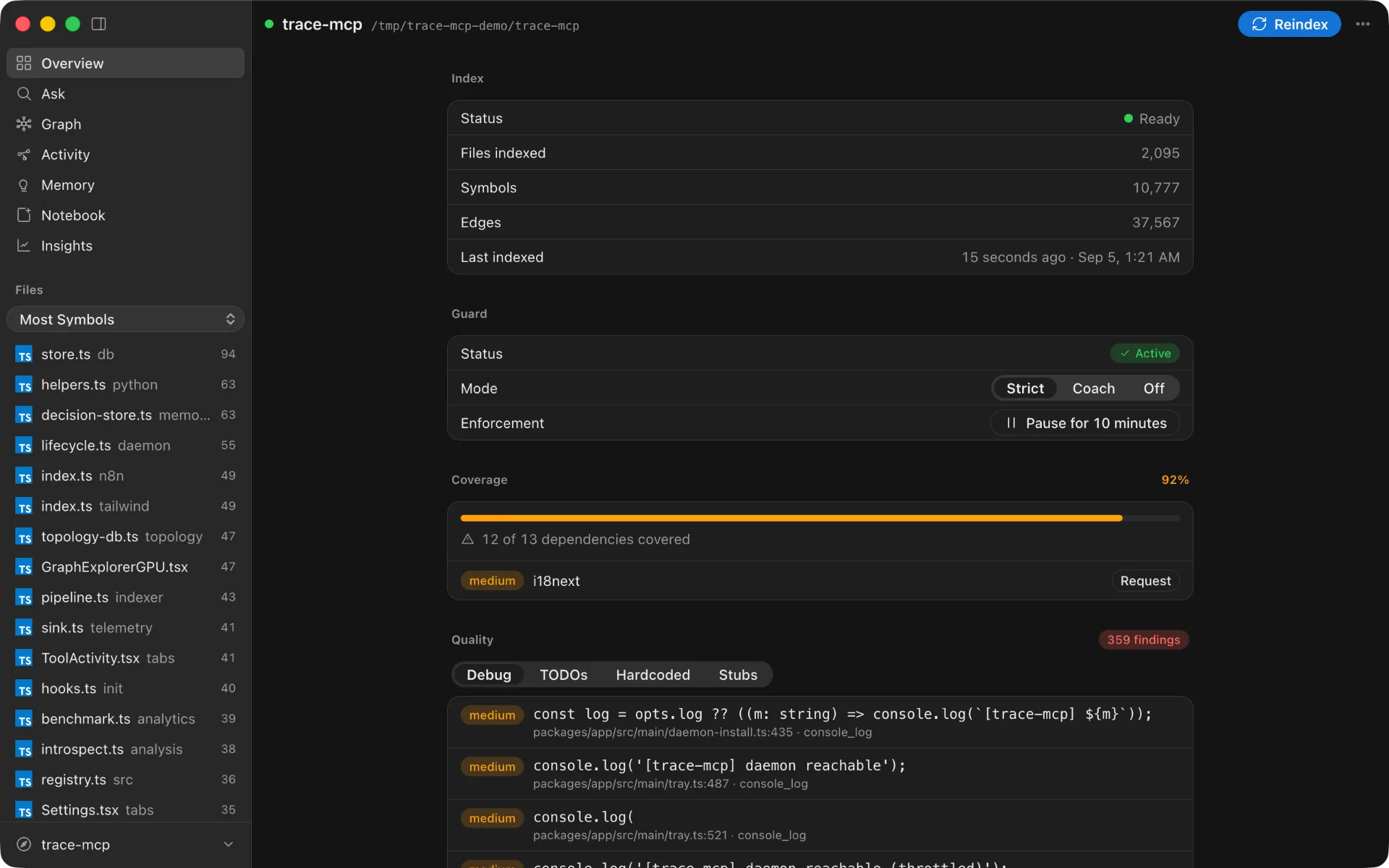trace-mcp app — project Overview with index status, file and symbol counts, and dependency coverage, dark appearance