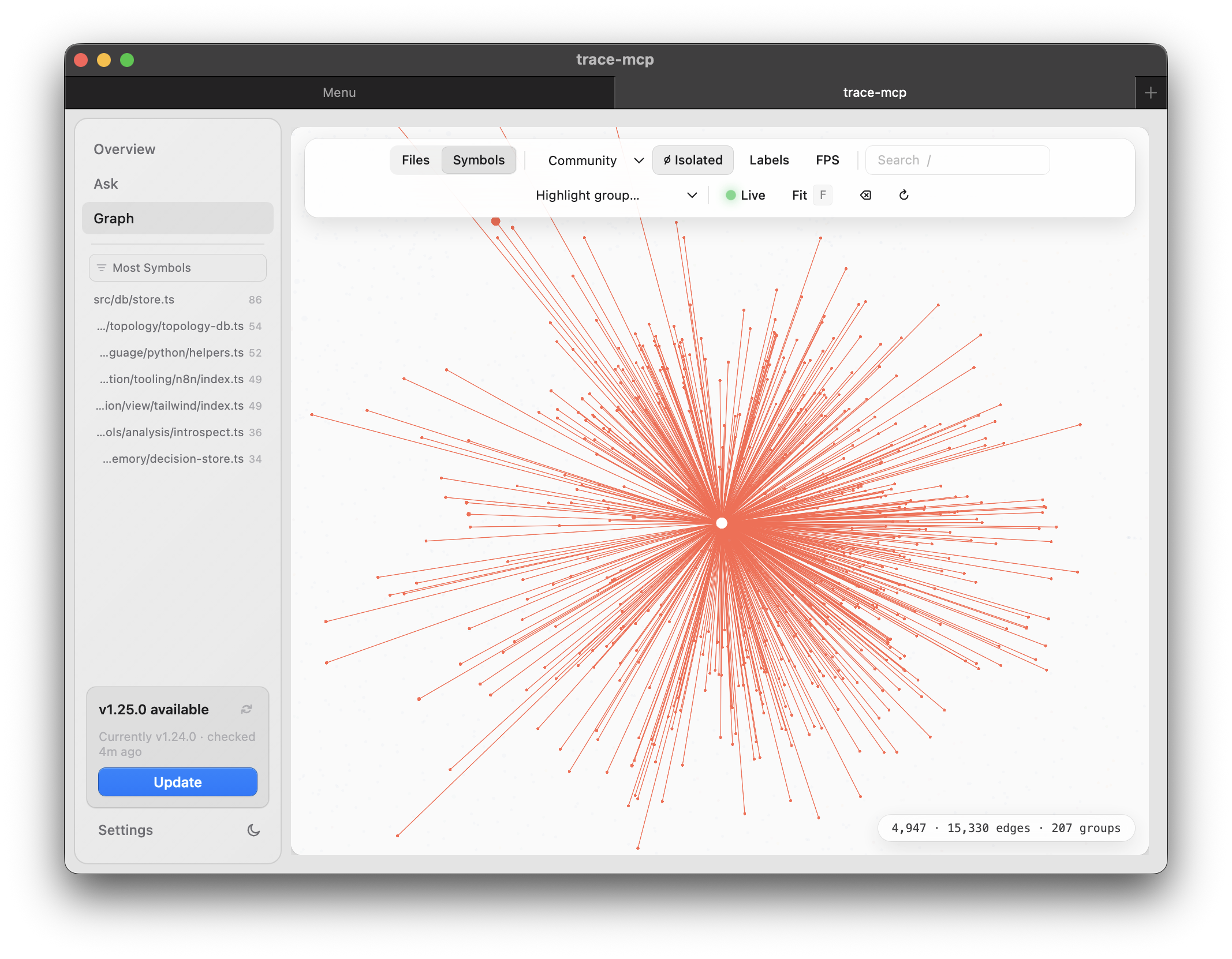 trace-mcp graph explorer visualizing symbol connections, light theme