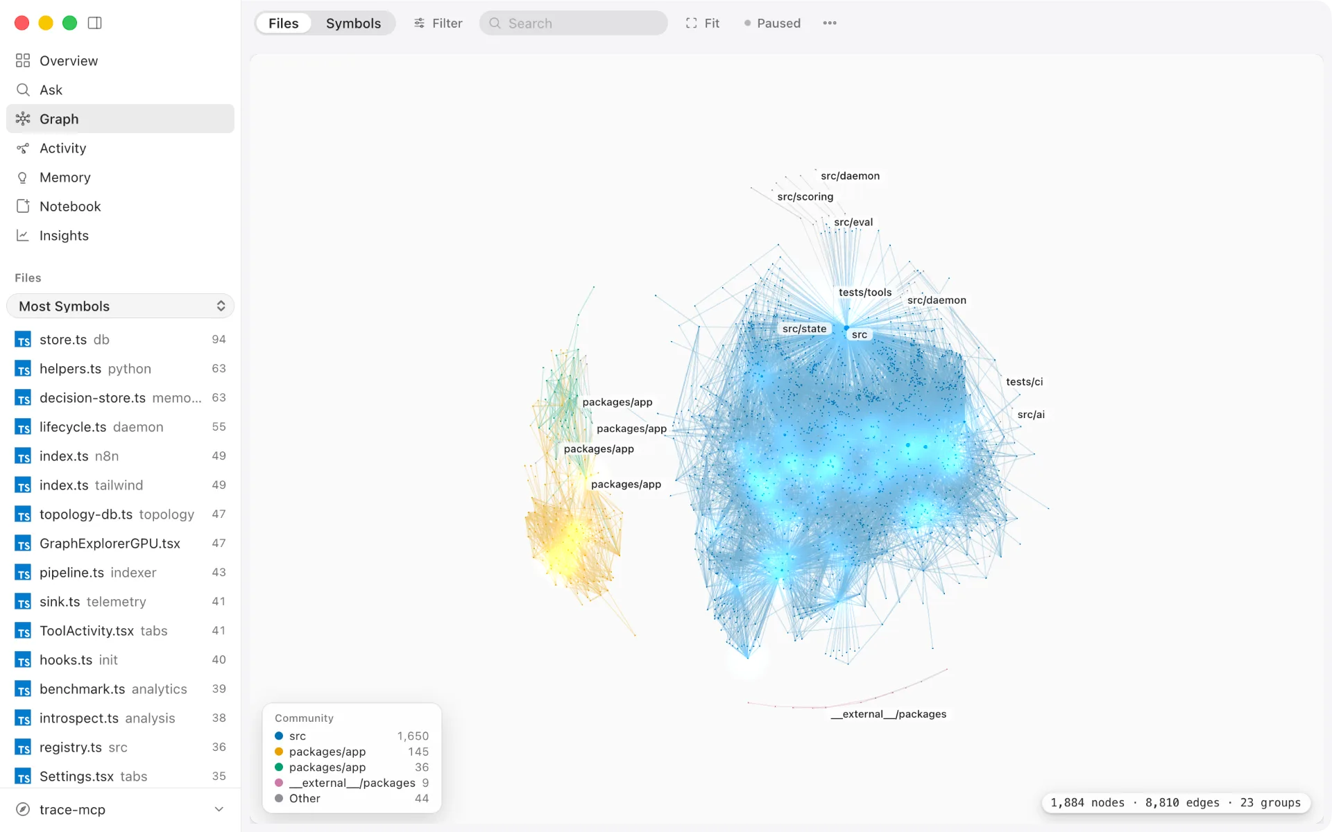 trace-mcp app — GPU graph explorer visualizing symbol connections, light appearance