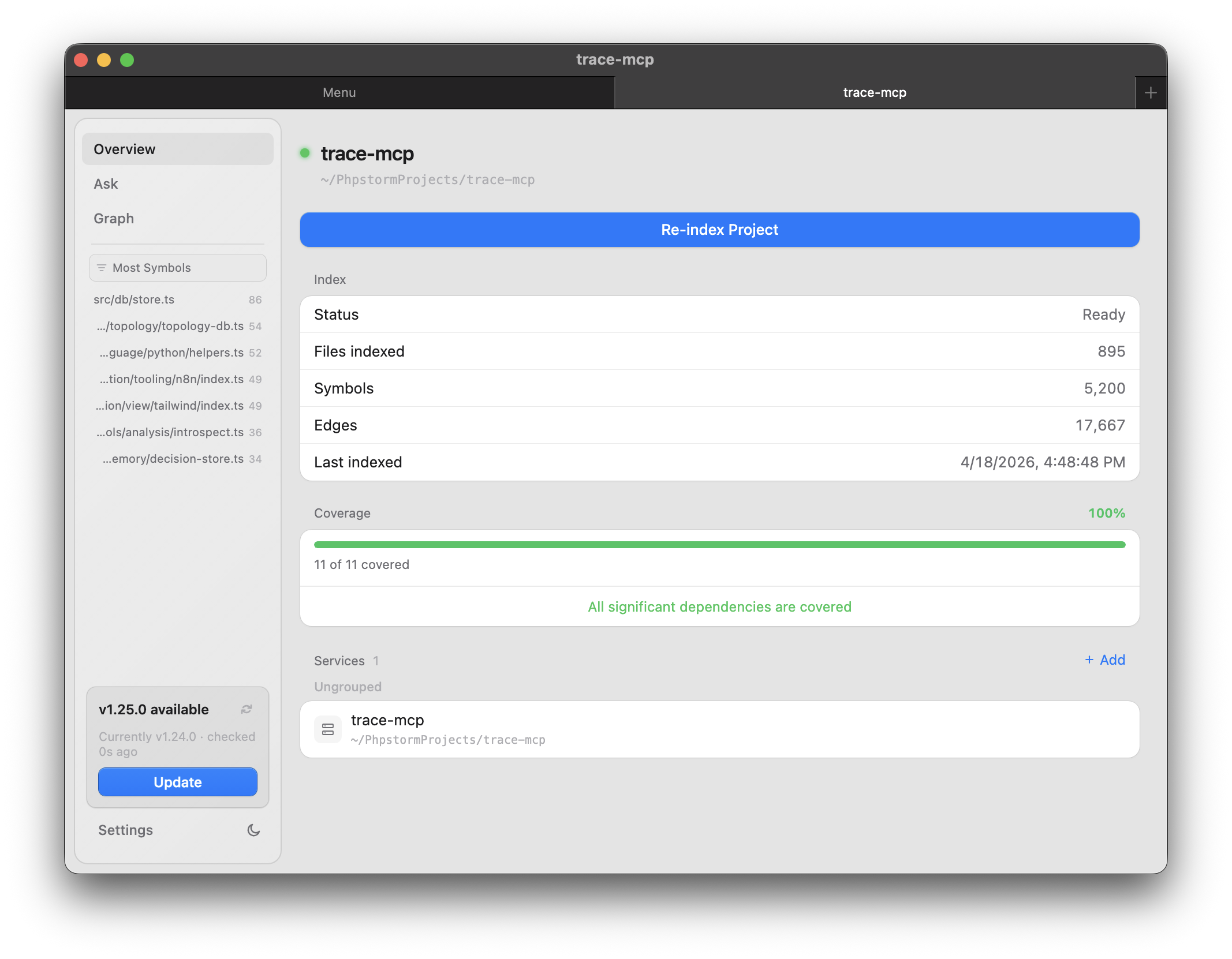 Project overview screen showing indexing status, file and symbol counts, and coverage