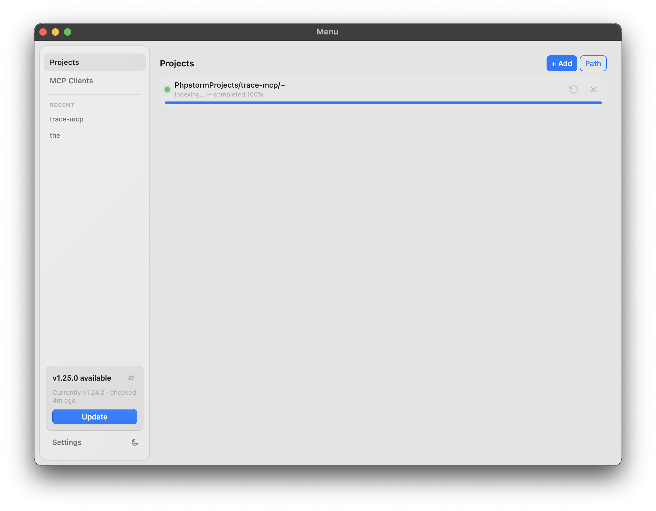 Projects list with a repository indexing in progress